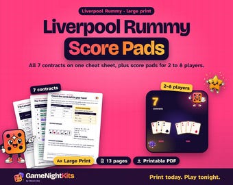 Liverpool Rummy Score Sheets Printable, All 7 Contracts Cheat Sheet, Contract Rummy Rules and Score Pads for 2 to 8 Players, Large Print
