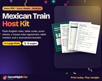 Mexican Train Rules Printable PDF, Dominoes Score Sheet, Tournament Rotation, House Rules, Large Print Host Kit for Game Clubs