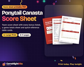 Ponytail Canasta Score Sheet Printable PDF, Score Card with Bonuses, Game Totals, Quick Reference Table Card, Large Print