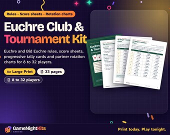 Euchre Tournament Printable PDF, Progressive Euchre Rotation Charts 8 to 32 Players, Score Sheets, Bid Euchre Rules, Tally Cards