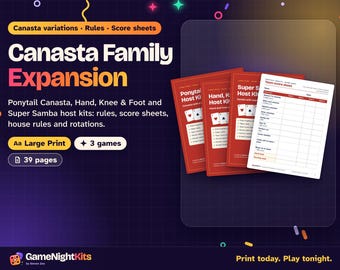 Canasta Variations Rules Printable PDF Bundle, Ponytail Canasta, Hand Knee and Foot, Super Samba, Score Sheets, Large Print