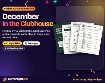 Christmas Activities for Seniors Printable PDF, Christmas Trivia with Answers, Word Bingo, Word Search, Party Plan, Large Print