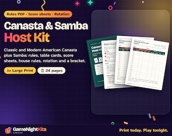 Canasta Rules Printable PDF, Modern American Canasta Special Hands, Classic and Samba Score Sheets, Tournament Rotation, House Rules