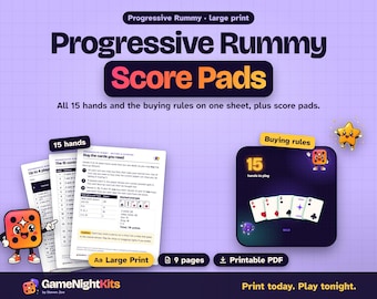 Progressive Rummy Score Sheets Printable, 15 Hand Contracts and Buying Rules Cheat Sheet, Contract Rummy Score Pad, Large Print