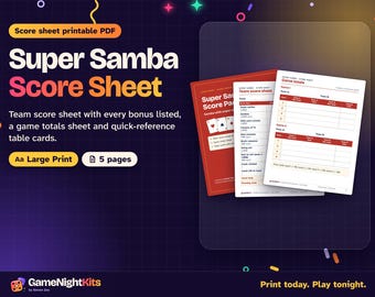 Super Samba Score Sheet Printable PDF, Samba Canasta Score Card with Bonuses, Game Totals, Quick Reference, Large Print