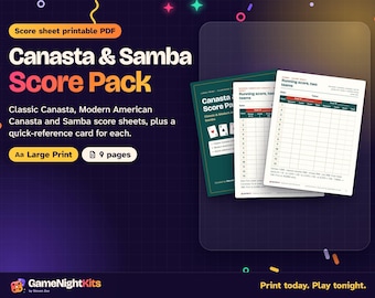 Canasta Score Sheet Printable PDF, Modern American Canasta, Classic and Samba Score Sheets, Scoring Cheat Sheet, Large Print Score Pad
