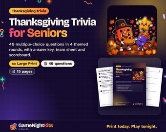 Thanksgiving Trivia for Seniors Printable PDF, 40 Large Print Multiple Choice Questions with Answers, Fall Party Game, Activity Director