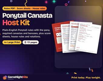 Ponytail Canasta Rules Printable PDF, Ponytail Canasta Score Sheet, House Rules, Partner Rotation, Large Print Card Game Host Kit