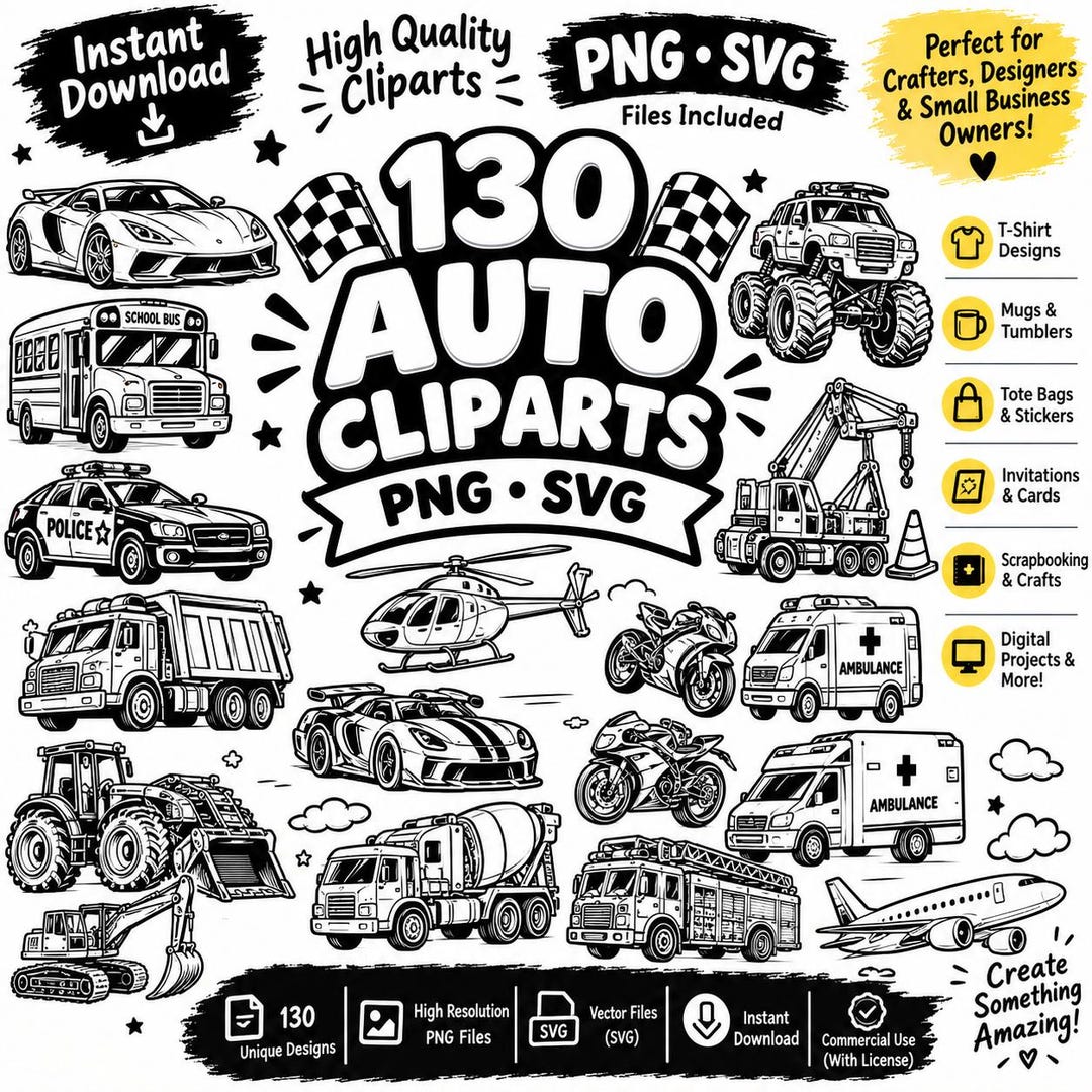 130 Vehicle Clipart Bundle, Car Truck Bus Airplane SVG PNG TIF ...