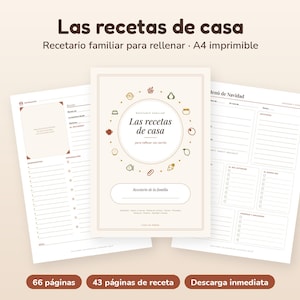 Puede incluir: Una plantilla imprimible en formato A4 de un recetario familiar que incluye una portada con el texto Las recetas de casa rodeado de iconos de alimentos, junto a páginas interiores con secciones para ingredientes, preparación y menú navideño.
