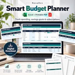 Könnte beinhalten: Ein digitaler Smart Budget Planner von NovaDev auf einem Laptop-Bildschirm, verfügbar als Excel-Datei und druckbares PDF. Die Benutzeroberfläche zeigt Tabellen für Monatsbudget, Sparziele und ein Abonnement-Tracking.