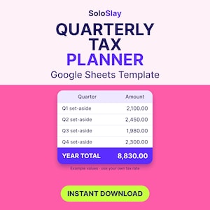 Puede incluir: Una plantilla digital de planificador fiscal trimestral para Google Sheets de SoloSlay. El gráfico muestra una tabla con montos de reserva del T1 al T4, un total anual de 8.830,00 y un botón verde brillante INSTANT DOWNLOAD.