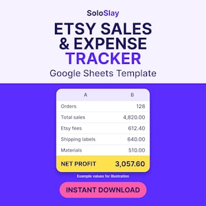 May include: A digital Etsy Sales & Expense Tracker Google Sheets template with a purple background. The graphic displays a table with columns for orders, total sales, Etsy fees, shipping labels, materials, and net profit in yellow.