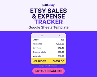 May include: A digital Etsy Sales & Expense Tracker Google Sheets template with a purple background. The graphic displays a table with columns for orders, total sales, Etsy fees, shipping labels, materials, and net profit in yellow.