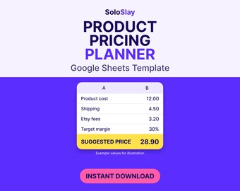 May include: A digital product pricing planner Google Sheets template by SoloSlay. The graphic displays a table with columns A and B, listing product cost, shipping, Etsy fees, target margin, and a suggested price of 28.90. Includes an instant download button.
