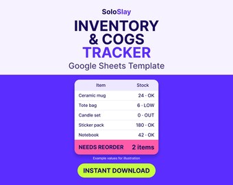 May include: A digital inventory and COGS tracker Google Sheets template by SoloSlay. The graphic displays a table with item names, stock counts, and status labels like OK, LOW, and OUT, plus a pink banner stating NEEDS REORDER 2 items.