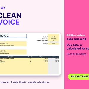 May include: A digital invoice template for Google Sheets featuring a white background with yellow input cells, dark blue headers, and text including SoloSlay, A CLEAN INVOICE, and instructions to fill the yellow cells and send.