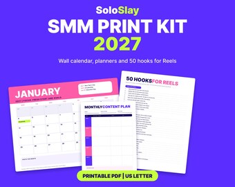 May include: A digital SMM Print Kit 2027 featuring a wall calendar for January, a monthly content planner, and a list of 50 hooks for Reels. The documents are displayed against a purple background with the text Printable PDF | US Letter.