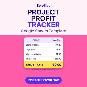 May include: A digital Project Profit Tracker Google Sheets template by SoloSlay. The graphic displays a table with project names and hourly rates, including a highlighted target rate row and an Instant Download button on a pink background.