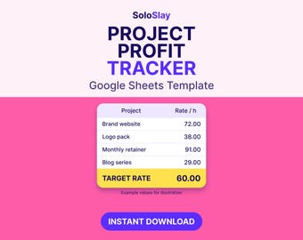 May include: A digital Project Profit Tracker Google Sheets template by SoloSlay. The graphic displays a table with project names and hourly rates, including a highlighted target rate row and an Instant Download button on a pink background.