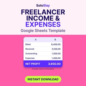 May include: A digital Google Sheets template for freelancer income and expenses with a pink and white background. The text reads SoloSlay Freelancer Income & Expenses Google Sheets Template, with a table showing billed, received, outstanding, expenses, and net profit values, and an instant download button.