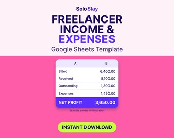 May include: A digital Google Sheets template for freelancer income and expenses with a pink and white background. The text reads SoloSlay Freelancer Income & Expenses Google Sheets Template, with a table showing billed, received, outstanding, expenses, and net profit values, and an instant download button.