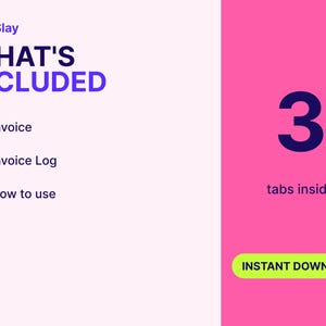 May include: A digital product graphic with the text SoloSlay WHAT'S INCLUDED. It lists Invoice, Invoice Log, and How to use with checkmarks. The right side features a large number 3, the text tabs inside, and an INSTANT DOWNLOAD button.