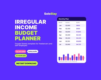 May include: A digital budget planner template for Google Sheets titled SoloSlay Irregular Income Budget Planner. It features a monthly income table, a bar chart, and labels for tax set-aside, safety buffer, and a 12-month plan on a purple background.