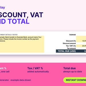 May include: A digital invoice generator interface featuring the text SoloSlay, DISCOUNT, VAT AND TOTAL, and PAYMENT DETAILS / NOTES. The table displays a subtotal of 1,900.00, a 10.0% discount, 20.0% tax, and a TOTAL DUE (USD) of 2,052.00.