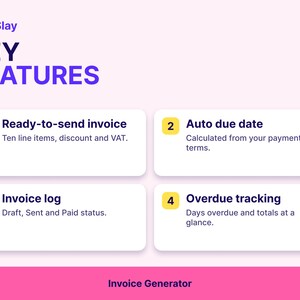 May include: A digital graphic titled SoloSlay KEY FEATURES listing four numbered points: 1. Ready-to-send invoice with ten line items, discount and VAT. 2. Auto due date. 3. Invoice log with status. 4. Overdue tracking. Bottom text: Invoice Generator.