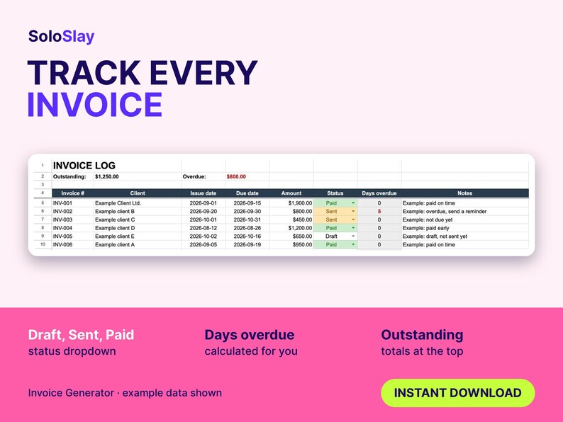 May include: A digital invoice log spreadsheet template titled SoloSlay. The table displays columns for invoice number, client, dates, amount, status, days overdue, and notes. Features include a status dropdown, automated overdue calculations, and outstanding totals at the top.