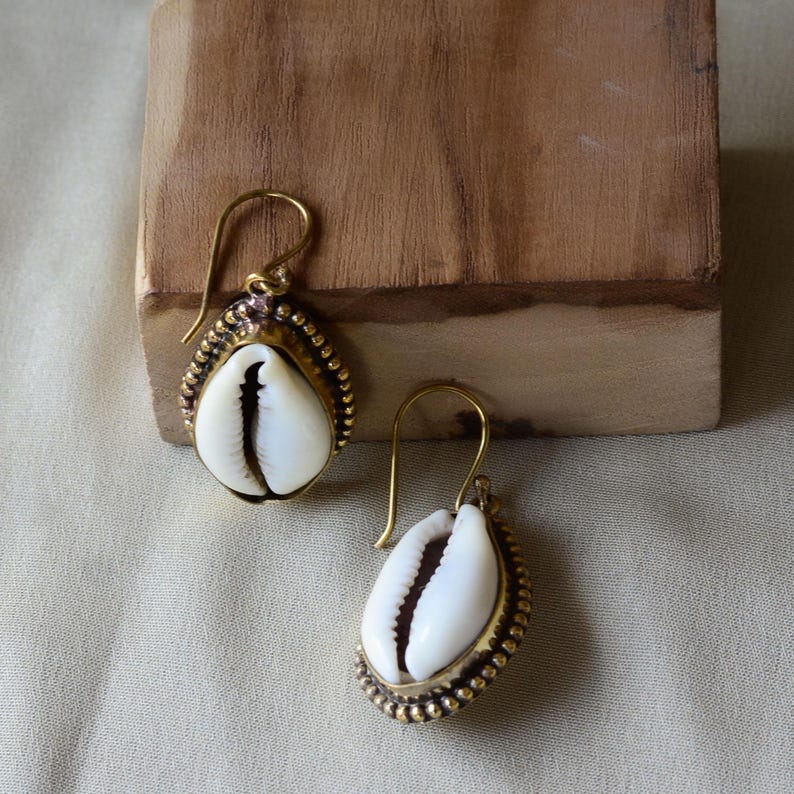 Gold Cowrie Shell Earrings, Brass Seashell Dangle Earrings, Boho Beach ...