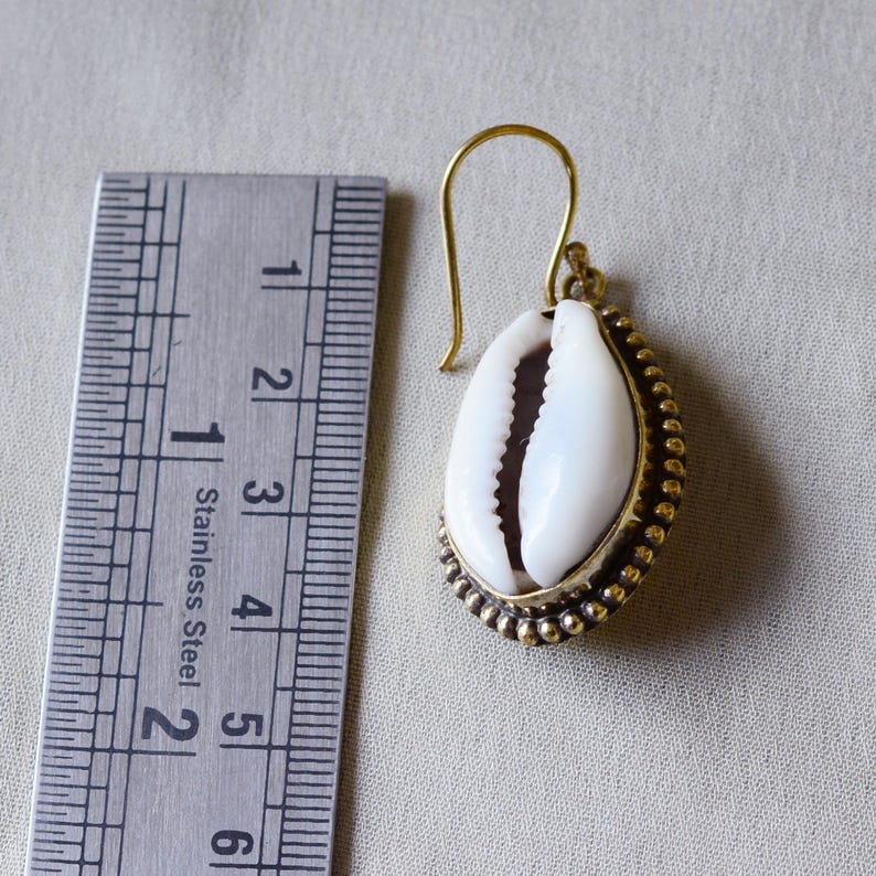 Gold Cowrie Shell Earrings, Brass Seashell Dangle Earrings, Boho Beach ...
