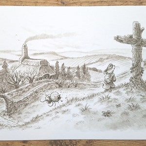 May include: A sepia-toned illustration depicts a rabbit with a backpack approaching a rustic wooden cross. A stone archway and a building with a smoking chimney are in the background. The artwork has a whimsical, storybook feel.