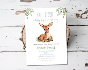 May include: A baby shower invitation with a cute cartoon deer and the text "Oh Deer, a baby boy is on the way". The invitation is decorated with green leaves and blue berries.