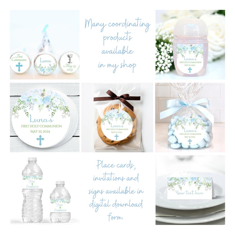 May include: A set of printable party decorations for a First Holy Communion. The decorations feature a blue and white floral design with a cross and the text "Luna's First Holy Communion" and the date "May 23, 2024".