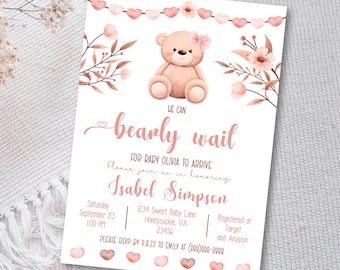 May include: Pink and white baby shower invitation with a teddy bear illustration. The invitation reads "We can barely wait for baby Olivia to arrive. Please join us in honoring Isabel Simpson." The invitation includes the date, time, and location of the shower, as well as the registry information.