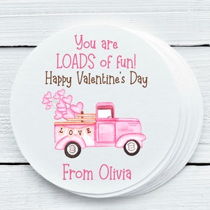 Personalized Valentine Pink Pickup Truck Theme Favor Labels - Party Favor Labels - Treat Bag Labels - 1.5&quot;, 2&quot;, 2.5&quot; sizes VAL038