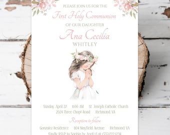Personalized Girl First Communion Printables, Communion Invitation - You Print - DIGITAL FILE ONLY - 5 x 7 Floral Party Invitation - FCC504