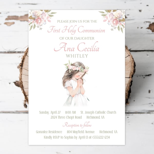 Imprimibles personalizados para la primera comunión de niña, invitación de comunión - Usted imprime - SOLO ARCHIVO DIGITAL - Invitación floral para fiesta de 5 x 7 - FCC504
