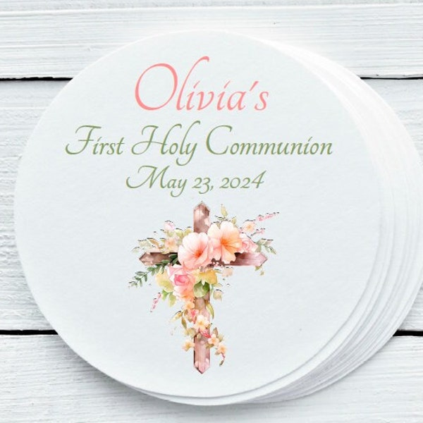 Personalized Round Floral Cross First Communion or Baptism Party Favor Stickers Floral Communion Favors - 1.5", 2.0" and 2.5" sizes - FCC034