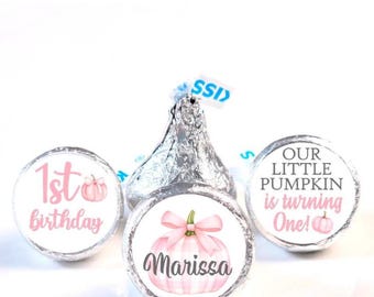 Our Little Pumpkin Theme Girl Hershey Kiss Sticker Favors - 1st Birthday Party Favors - OLP001 - LABELS ONLY :)
