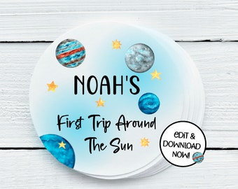 Personalized First Trip Around The Sun Favor Labels - 1st Birthday Printables - DIGITAL FILE ONLY - Gift Tags 1.5", 2", 2.5" sizes - TAS025