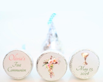 Personalized Floral Cross First Communion Chocolate Kiss Party Favor Stickers - First Communion Favors - FCC006 - STICKER ONLY :)