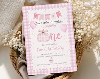 Editable Our Little Pumpkin Theme Pink 1st Birthday Party Invitation, 5 X 7 Printable Invitation - You Print - DIGITAL FILE ONLY - OLP501
