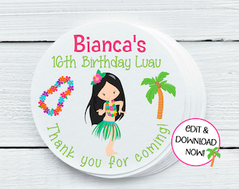May include: Round white sticker with a pink, green, and blue hula girl illustration. The text on the sticker reads "Bianca's 16th Birthday Luau Thank you for coming!"