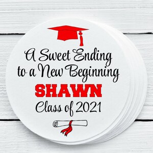 Personalized Glossy A Sweet Ending to a New Beginning Graduation Favor Label Stickers - Round Favor Labels - 1.5&quot;, 2&quot;, 2.5&quot; sizes - GRD028