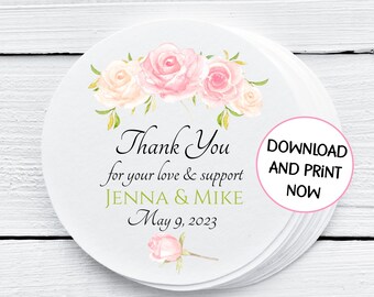 Personalisierte rosa Rose Blumenbevorzugungsetiketten - Sie drucken - NUR DIGITALDATEI - Geschenkanhänger - 1,5 ", 2 ", 2,5"" Größen - PFL027."