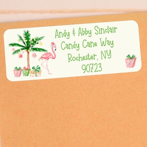 Gepersonaliseerde Tropical Flamingo Christmas Return Address Labels - Een mooie touch voor uw vakantiekaarten - CHR415 - LABELS ALLEEN :)