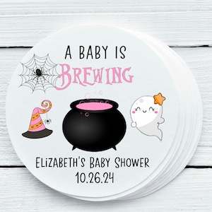 Personalized Glossy Baby is Brewing Baby Shower Favor Labels - Halloween Baby Shower Stickers - Gift Tags - BIB030 - 1.5&quot;, 2&quot;, 2.5&quot; sizes